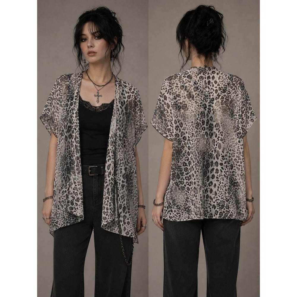 Leopard Print Chiffon Open Front Kimono Duster Grunge Goth Indie Gray XL 1X